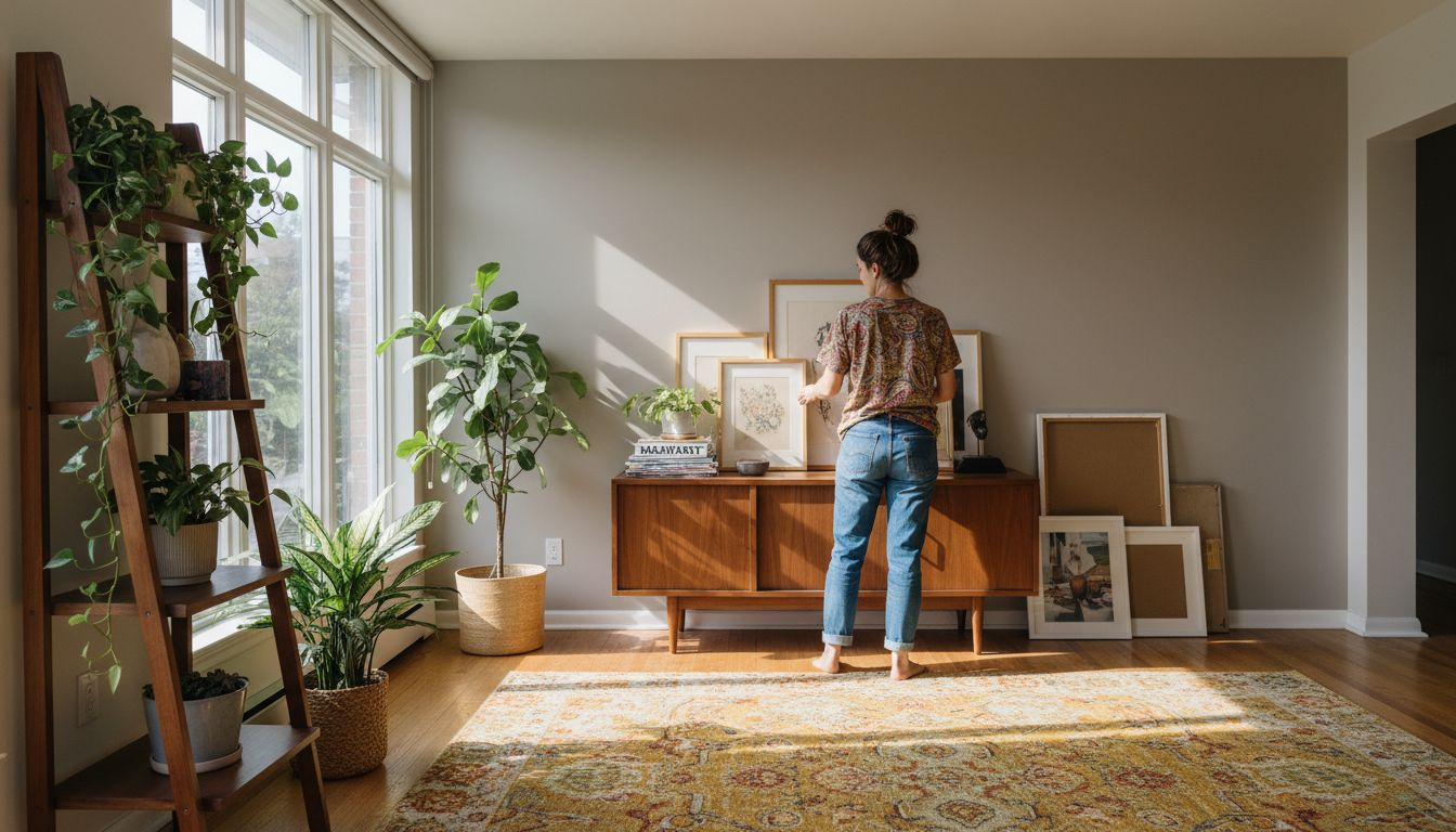 Woman arranging framed wall art in home