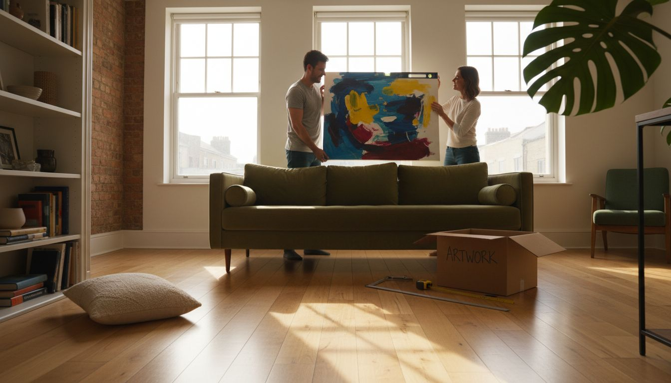 Couple hanging wall art in modern living room