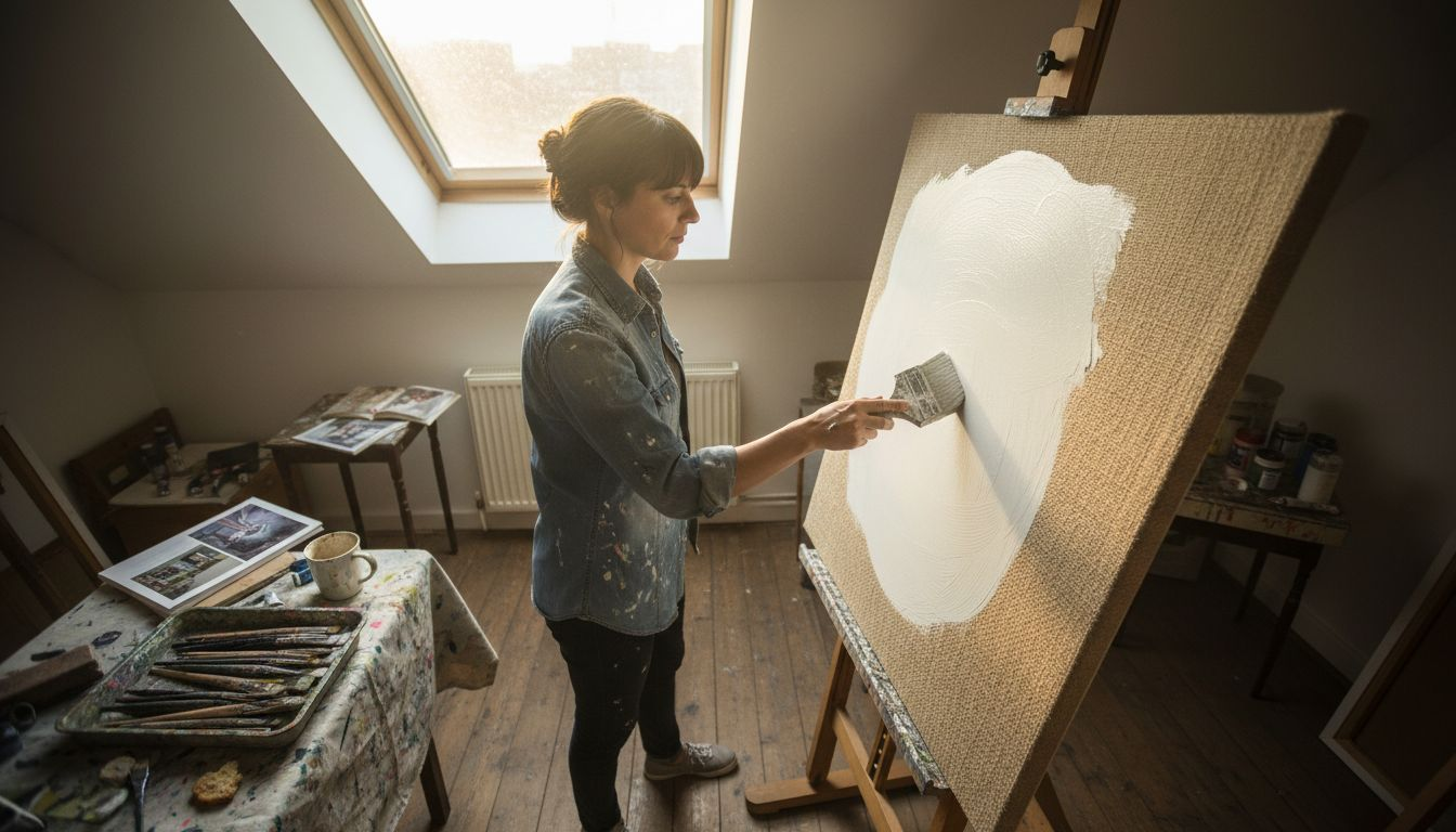 Artist prepping canvas in attic studio