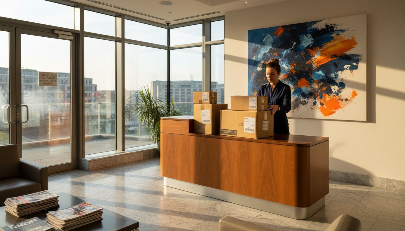 Receptionist with modern office wall art