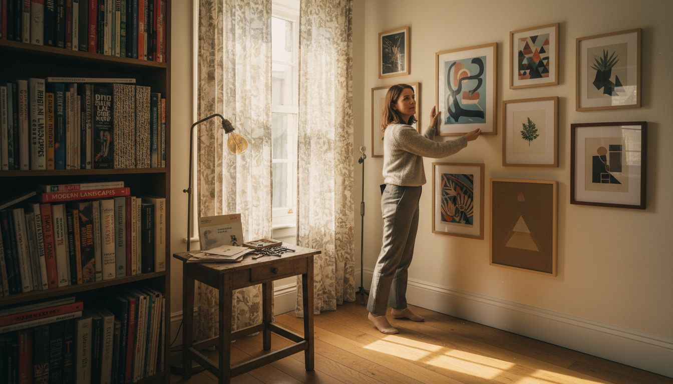Woman arranging art prints on home wall