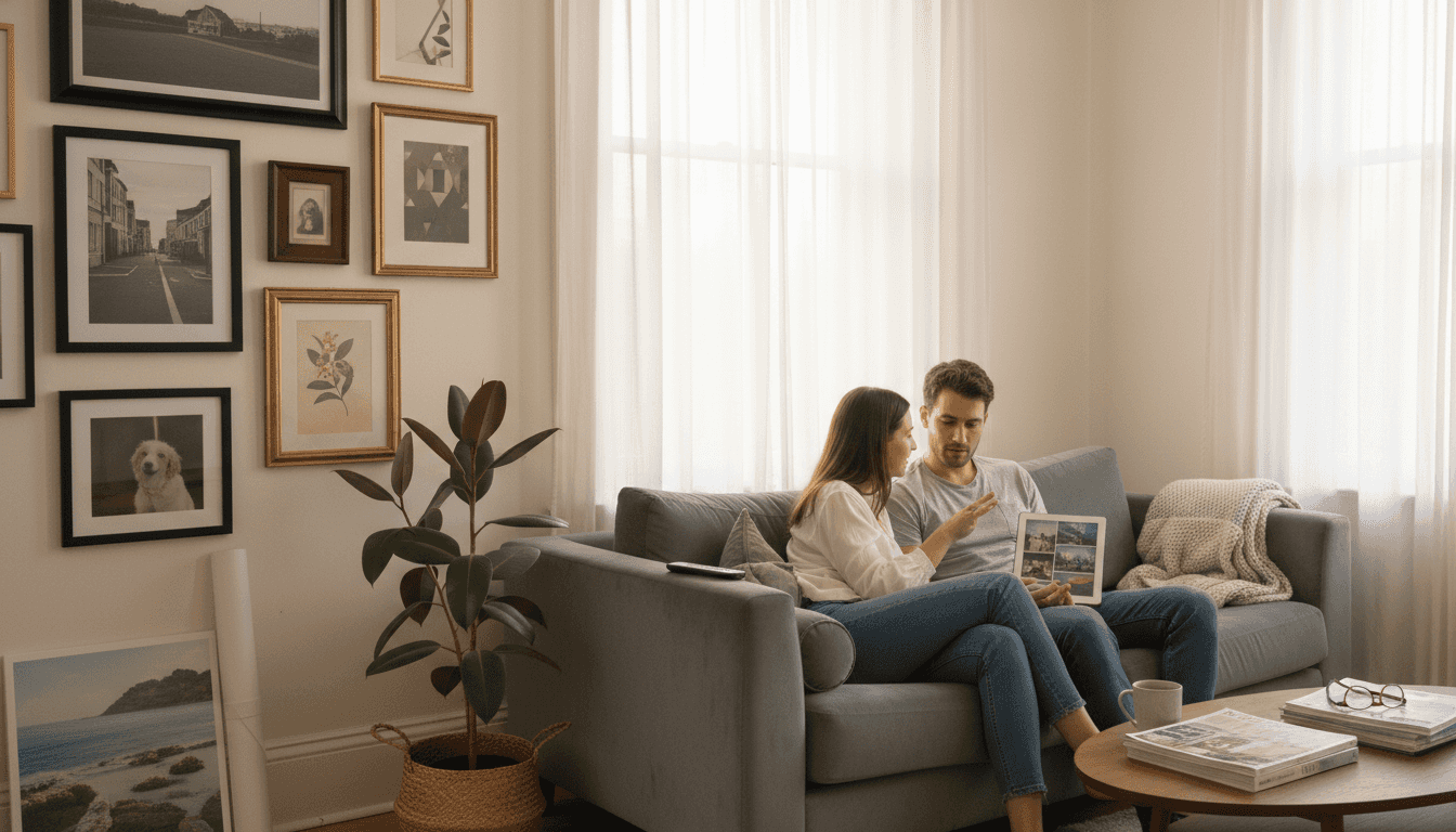 Couple planning wall art in living room