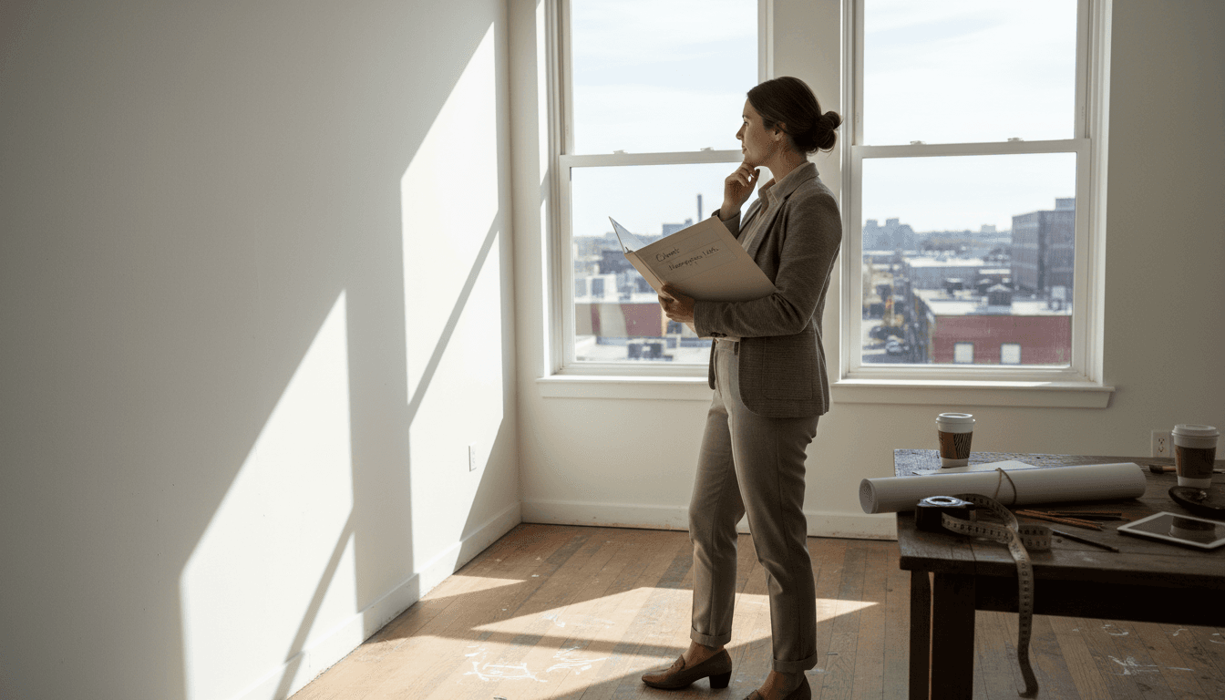 Interior designer planning artwork placement wall