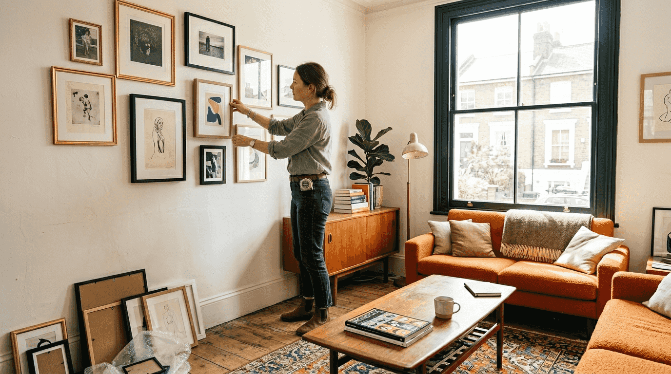Designer arranging wall prints in living room