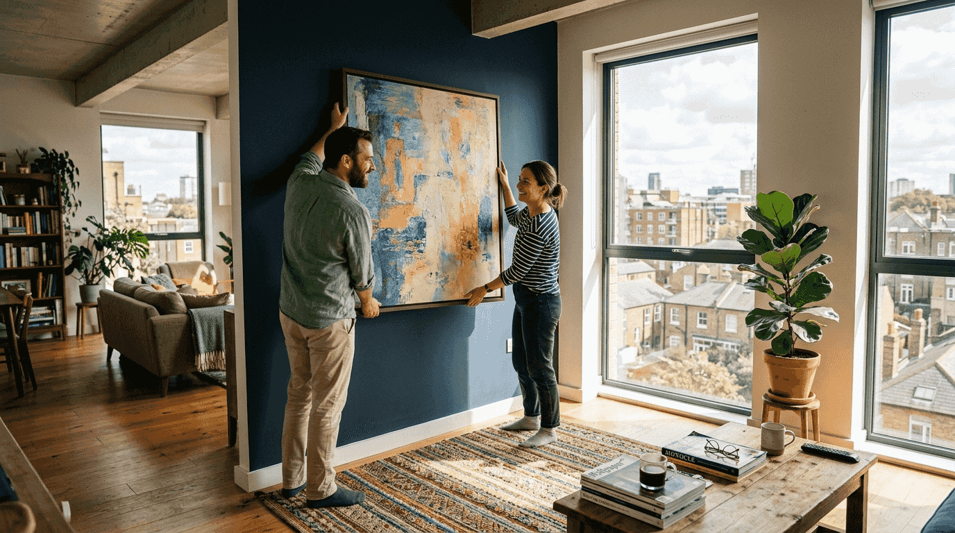 Couple hangs abstract art in city apartment