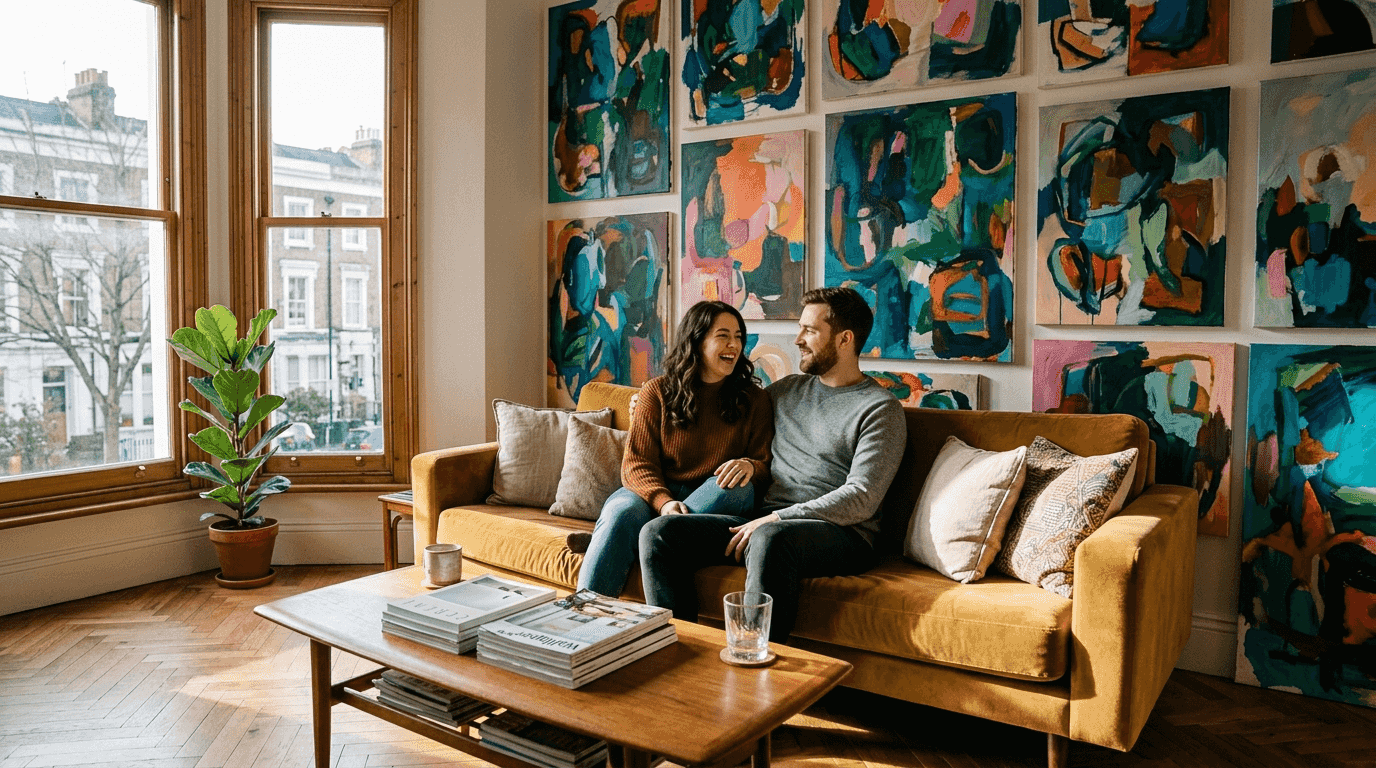Couple in vibrant living room with trendy wall art