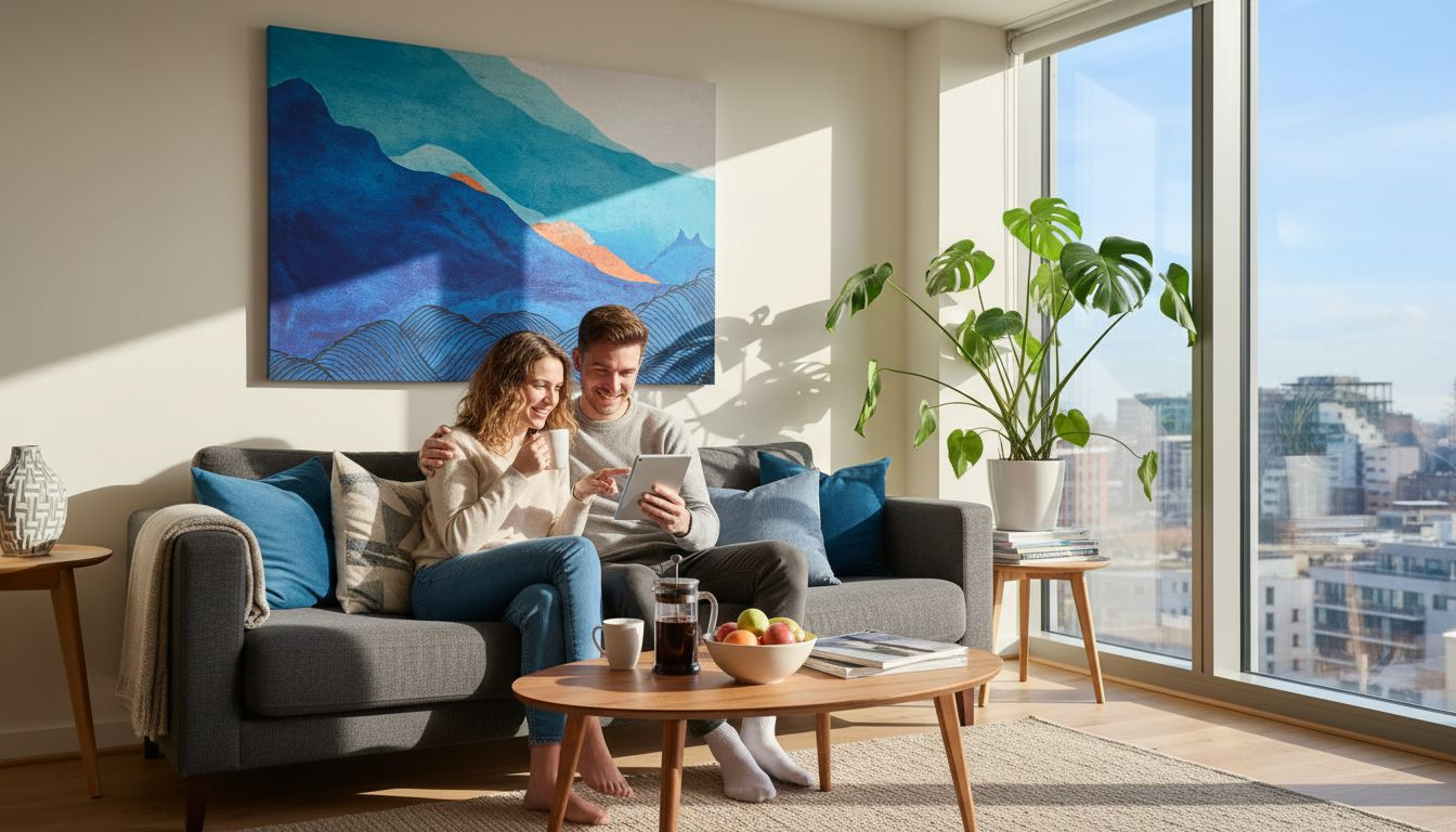 Couple with large wall art in bright apartment