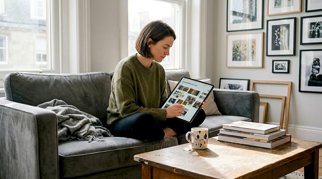 Woman planning personalised artwork in living room