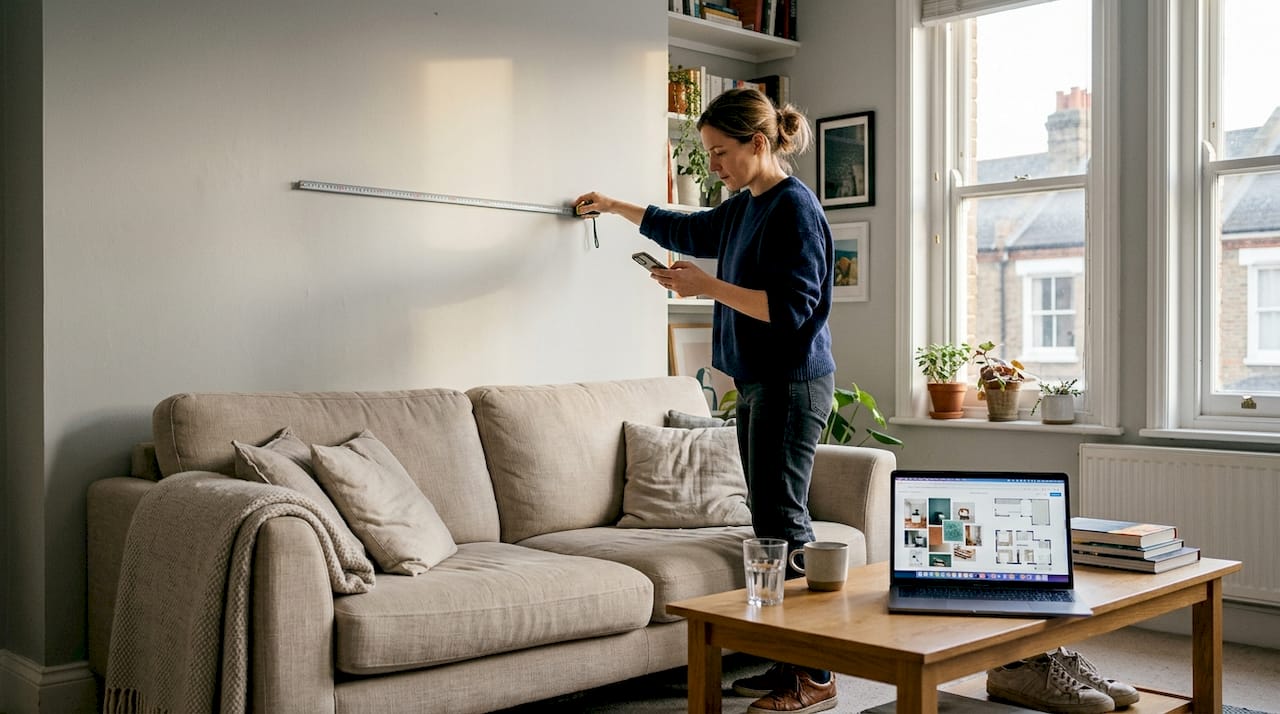Woman measuring wall for art print above sofa