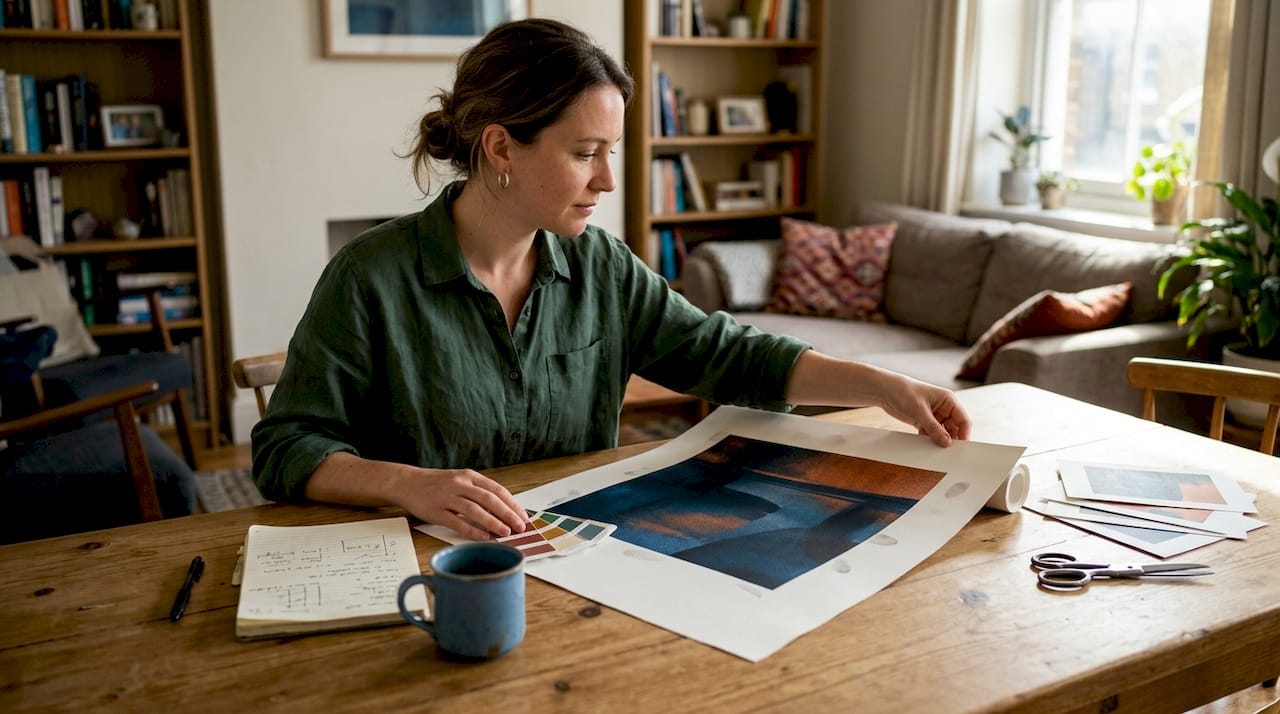 Woman examining art print in home workspace