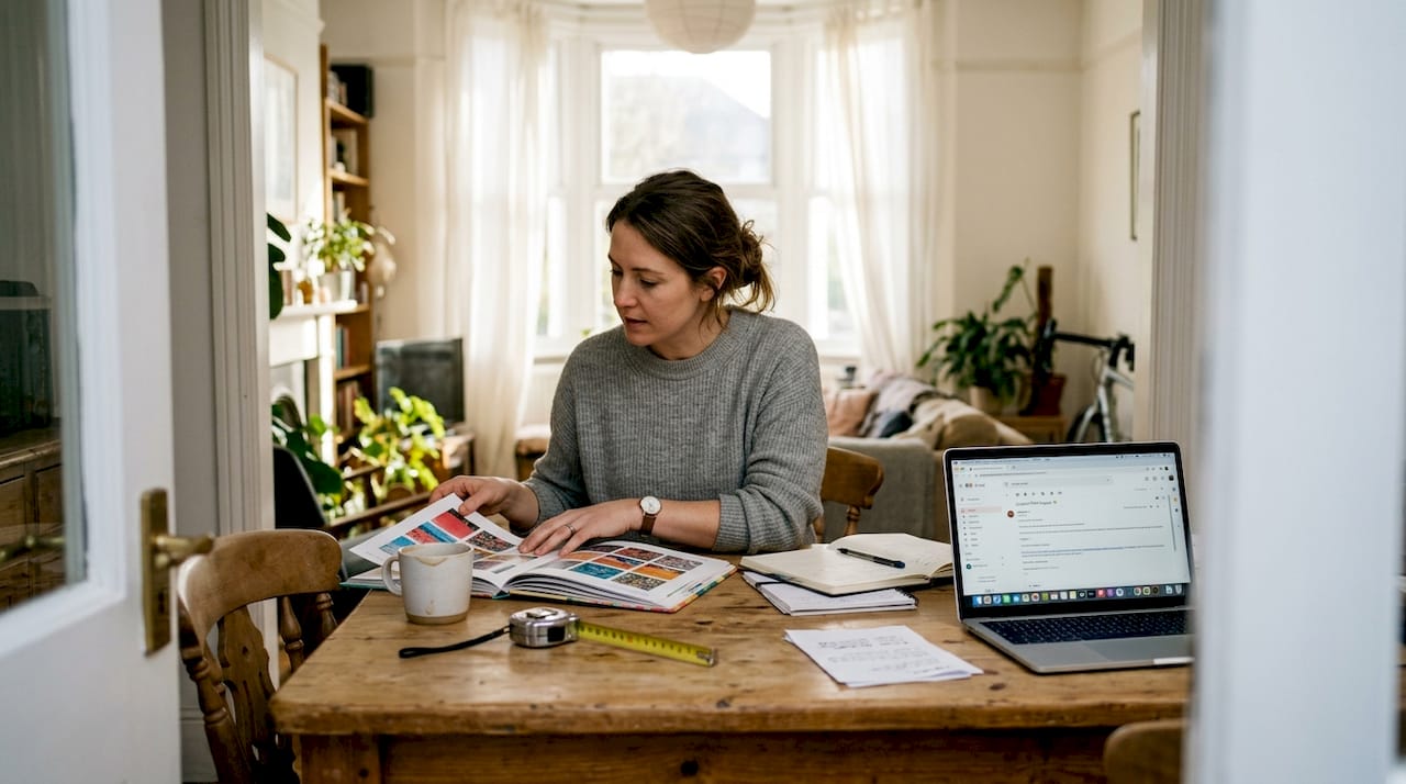 Woman reviewing custom print samples at home