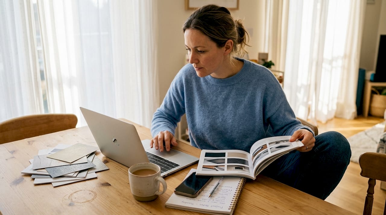 Woman choosing custom prints at kitchen table