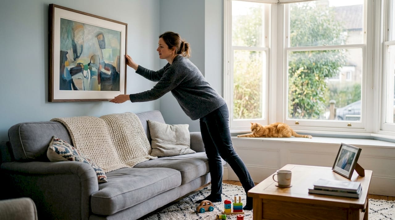 Woman hangs custom artwork in cozy living room