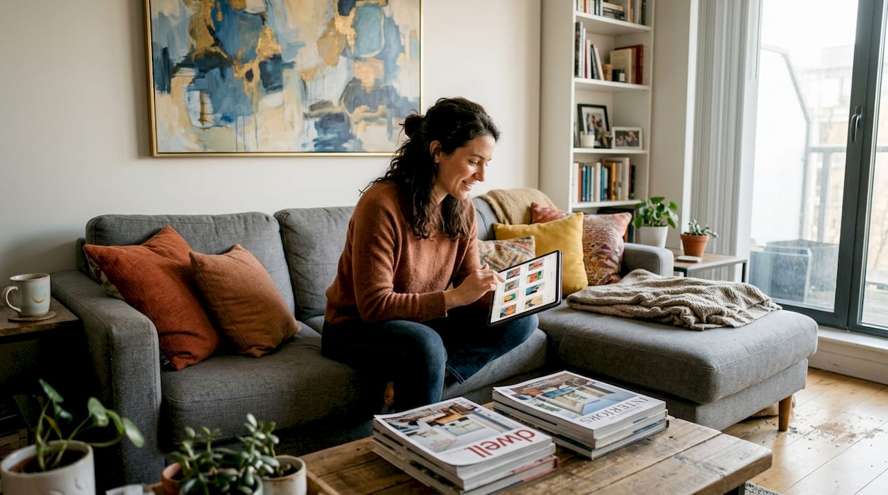 Woman browsing abstract art in lived-in living room