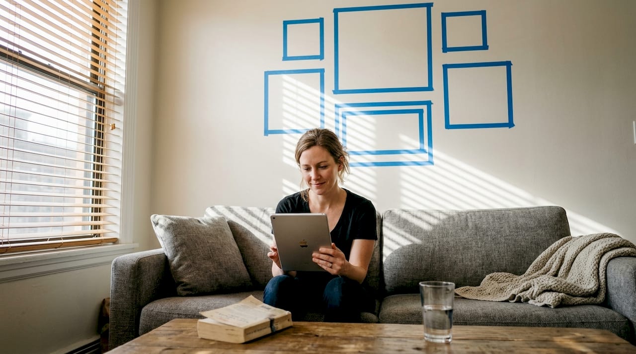Woman considering artwork sizes above sofa