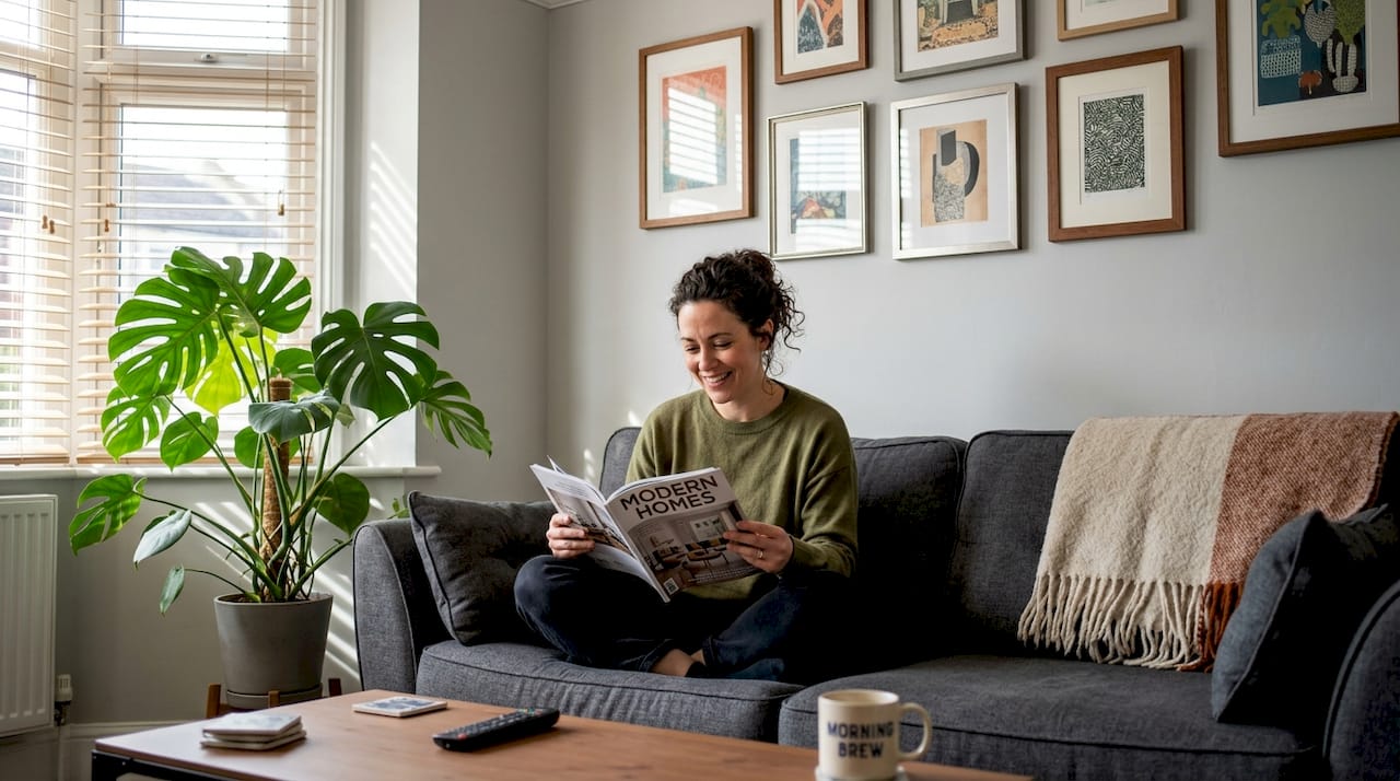 Woman relaxing under decorative art prints