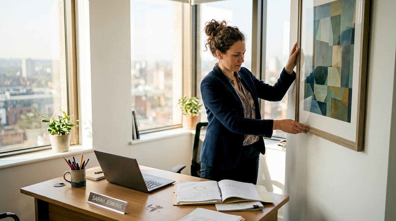 Employee adjusting art in bright corner office