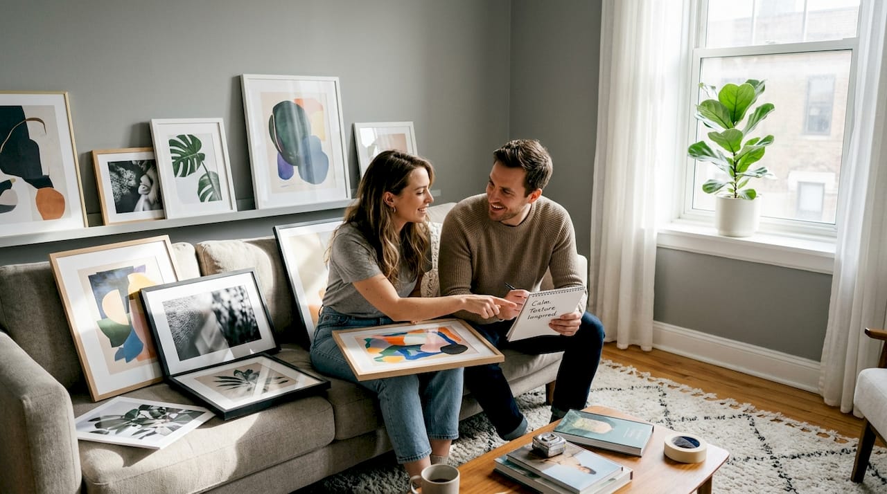 Couple selecting art in sunlit living room