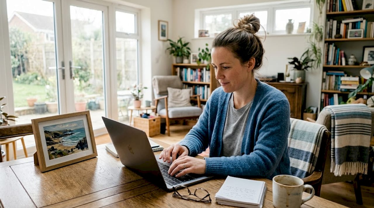 Woman ordering custom artwork from living room