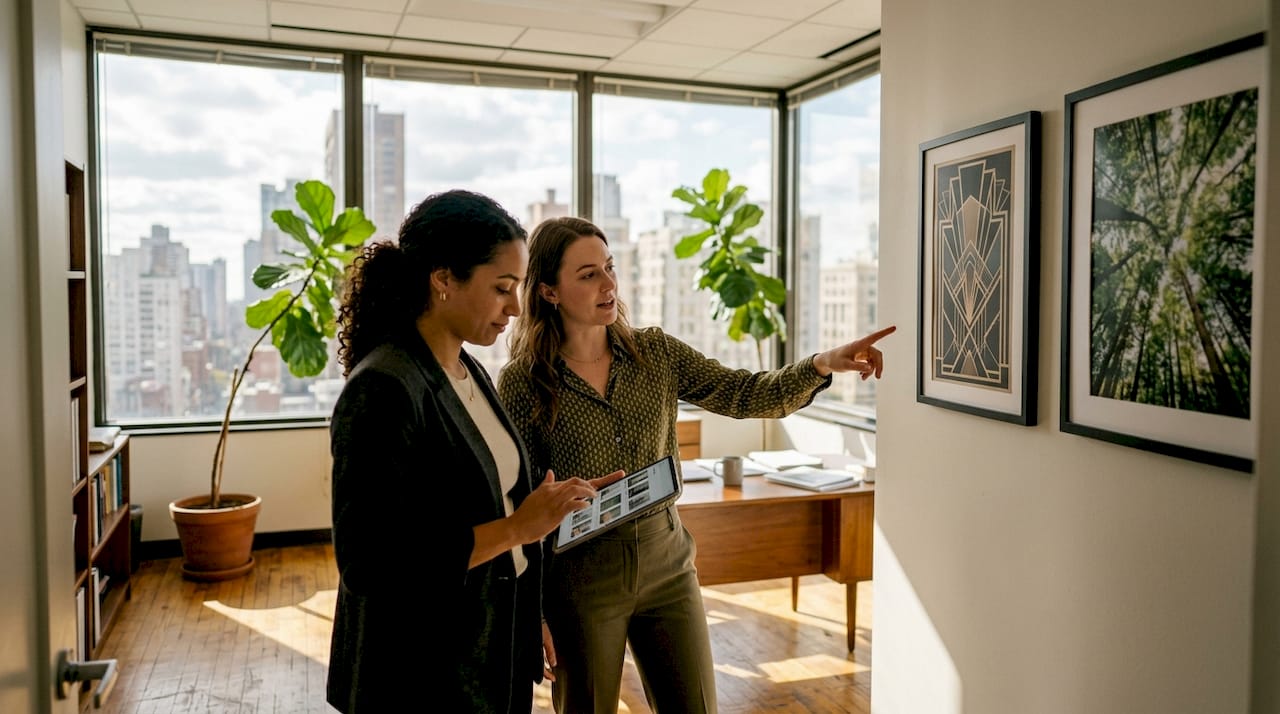 Designers reviewing art in corner office