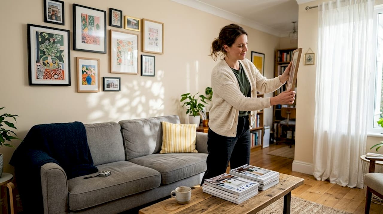 Woman arranging decorative prints in living room