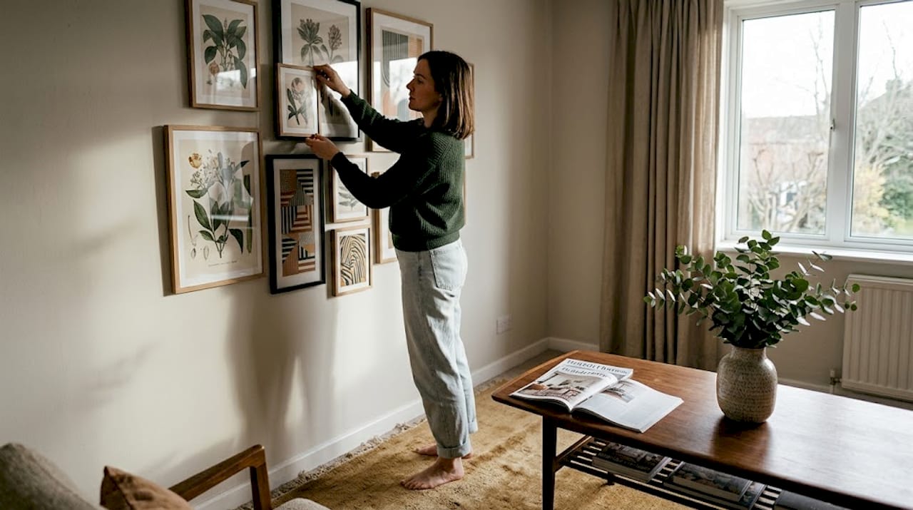 Woman arranging mixed prints on living room wall