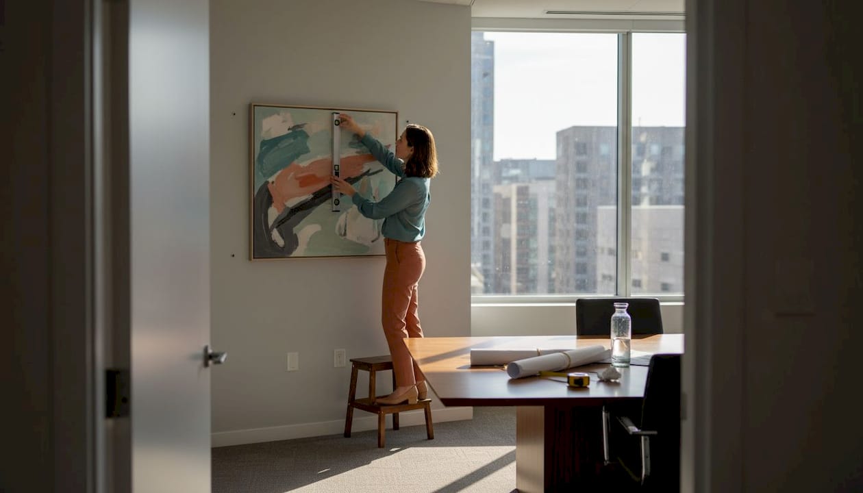 Woman hanging artwork in meeting room