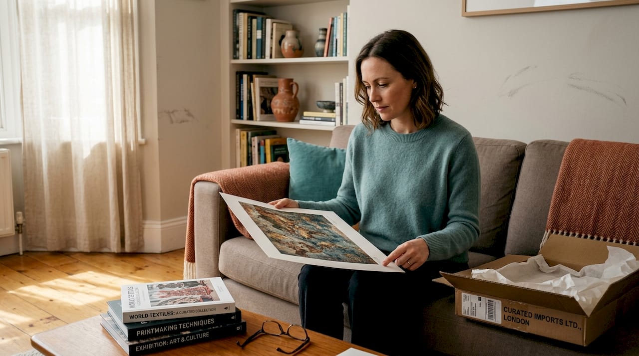 Woman examining limited edition artwork at home