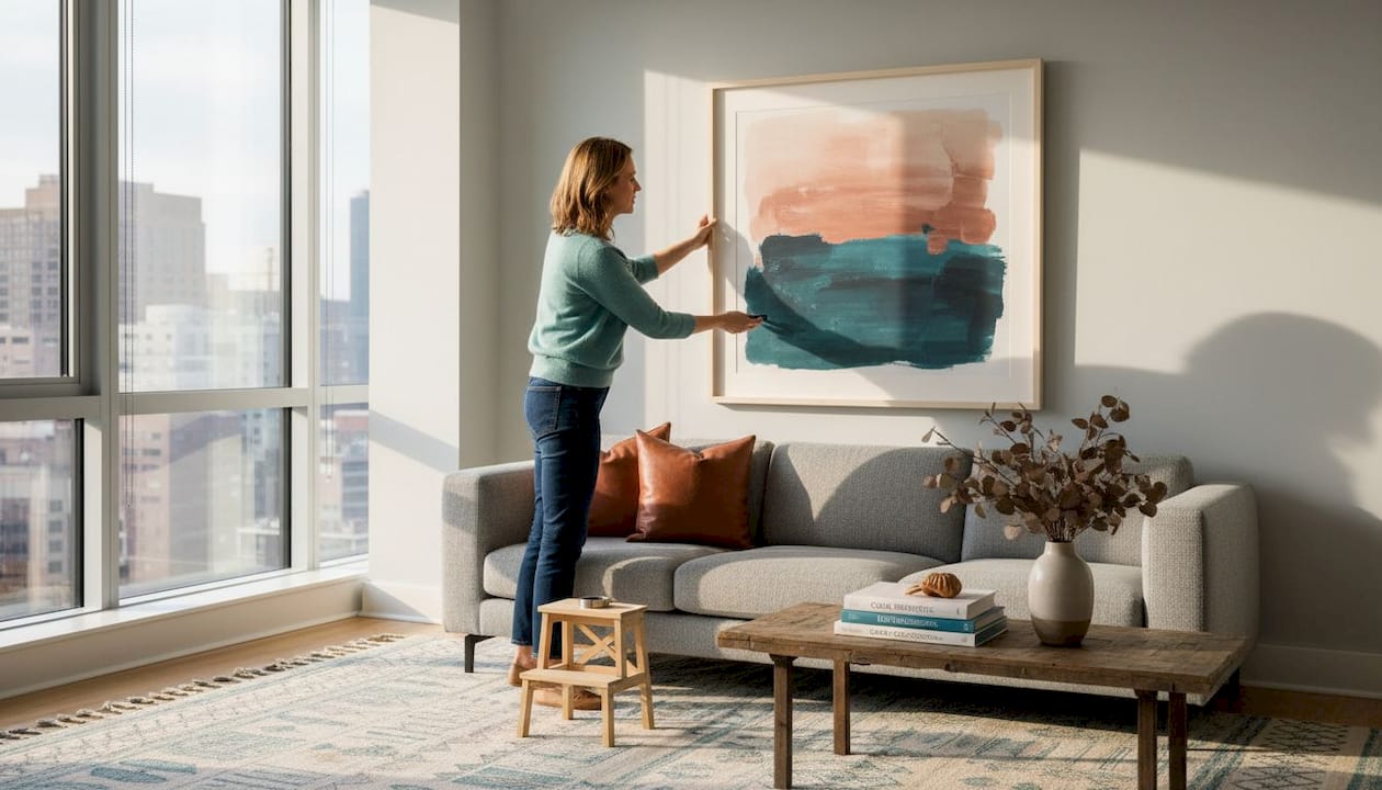 Woman hangs custom art in living room