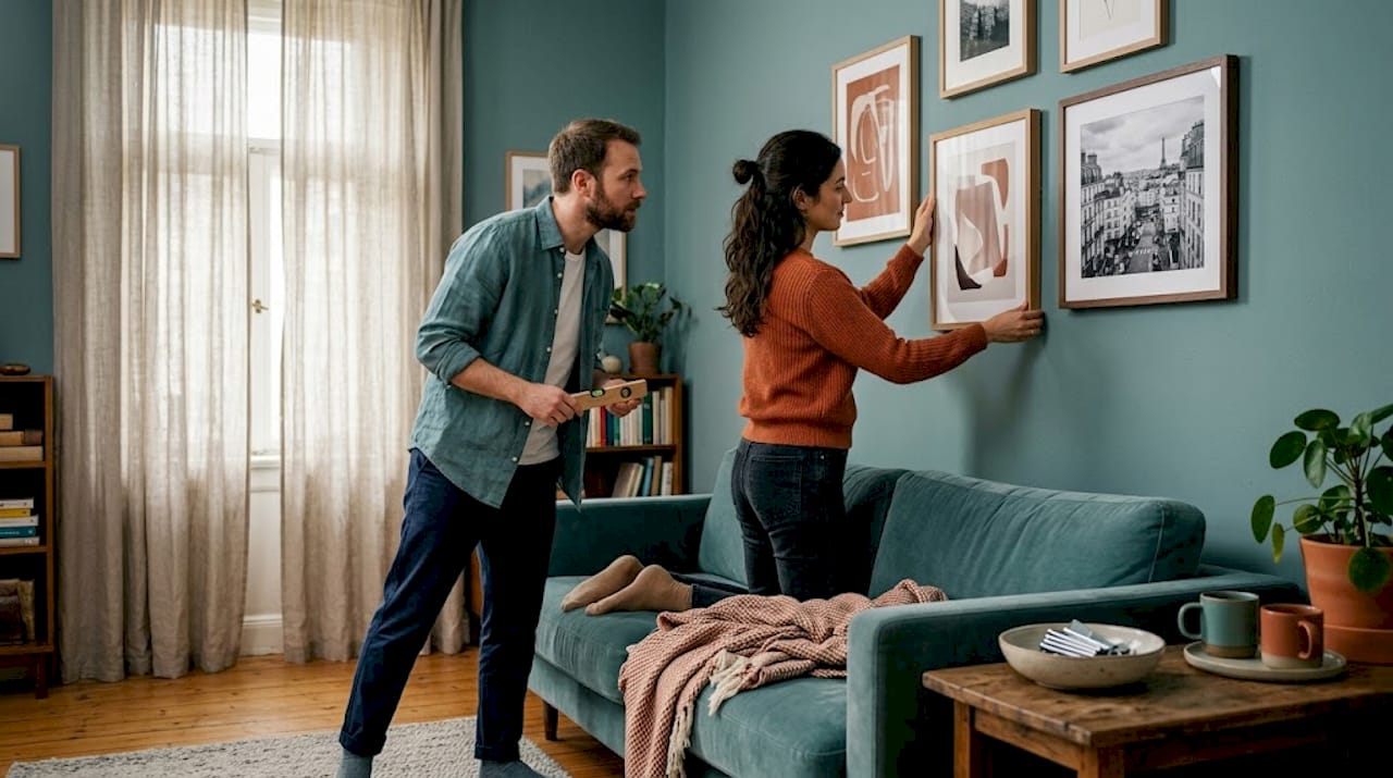 Couple arranging framed prints in cozy living room