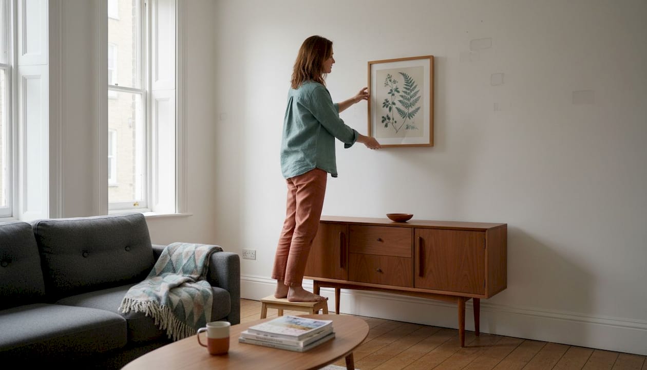 Woman hanging art in bright real living room