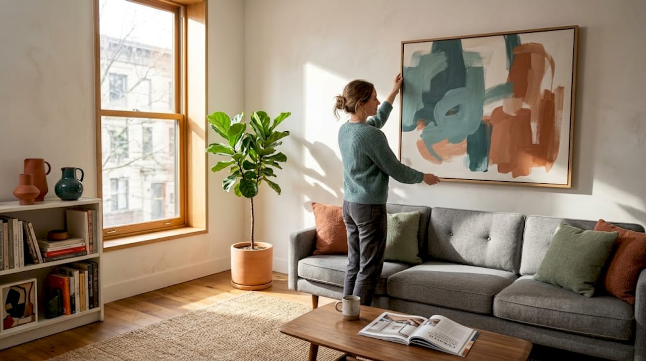 Stager adjusting wall art in bright living room
