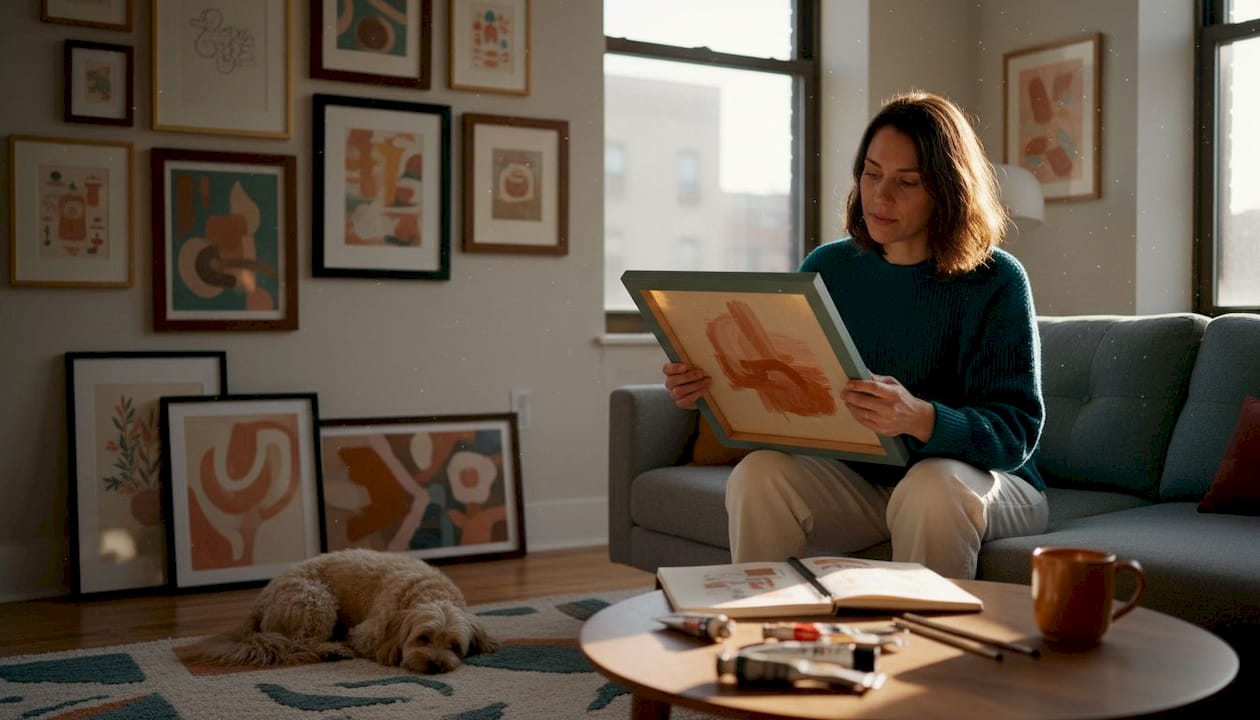 Woman examining personalised art in living room