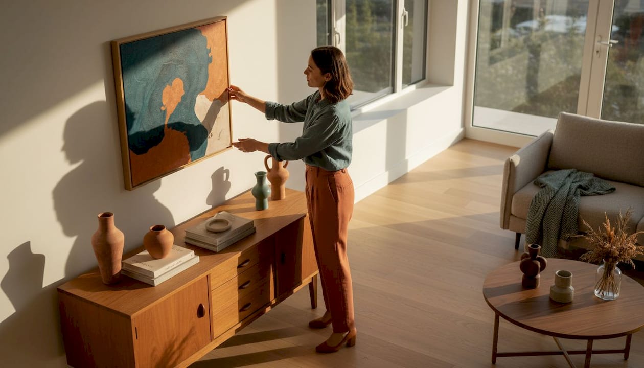 Woman arranging personalised art in living room