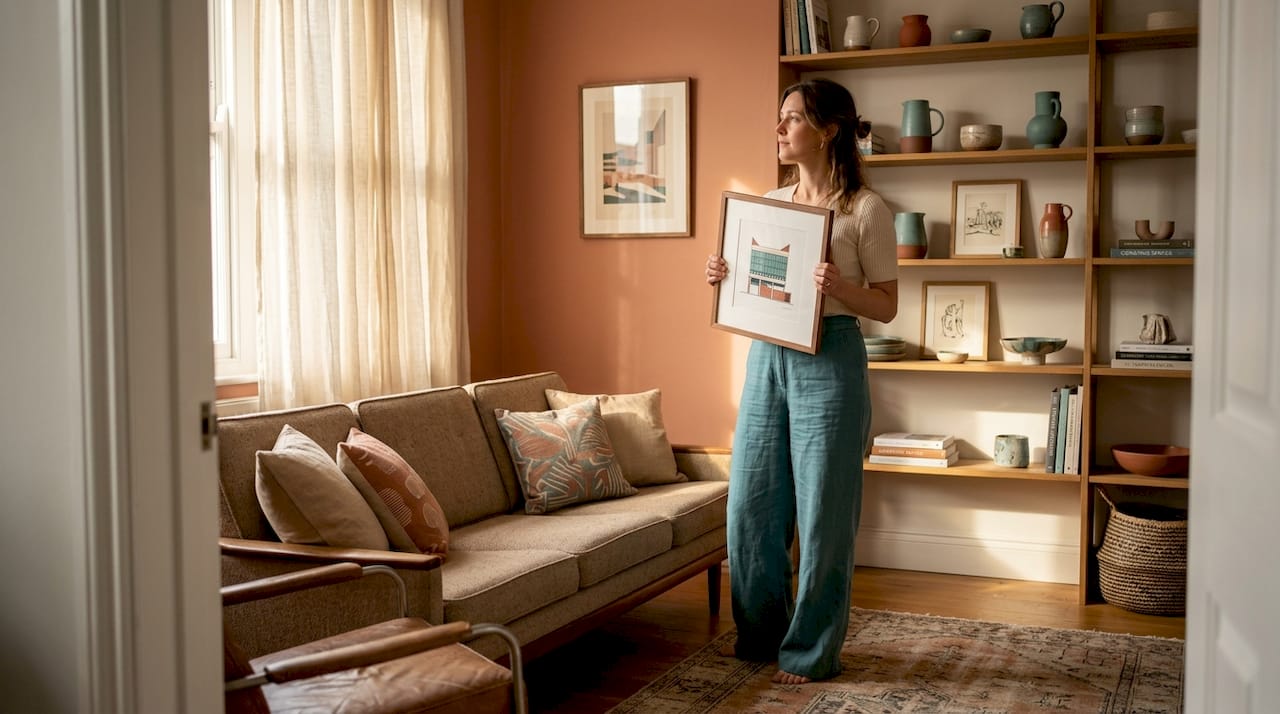 Woman selecting art for living room wall