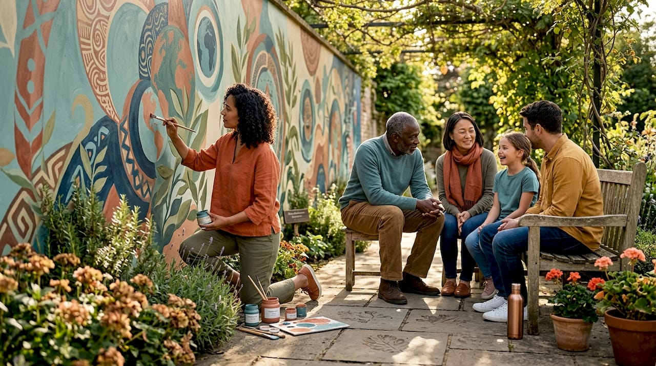 People gathering by public park mural
