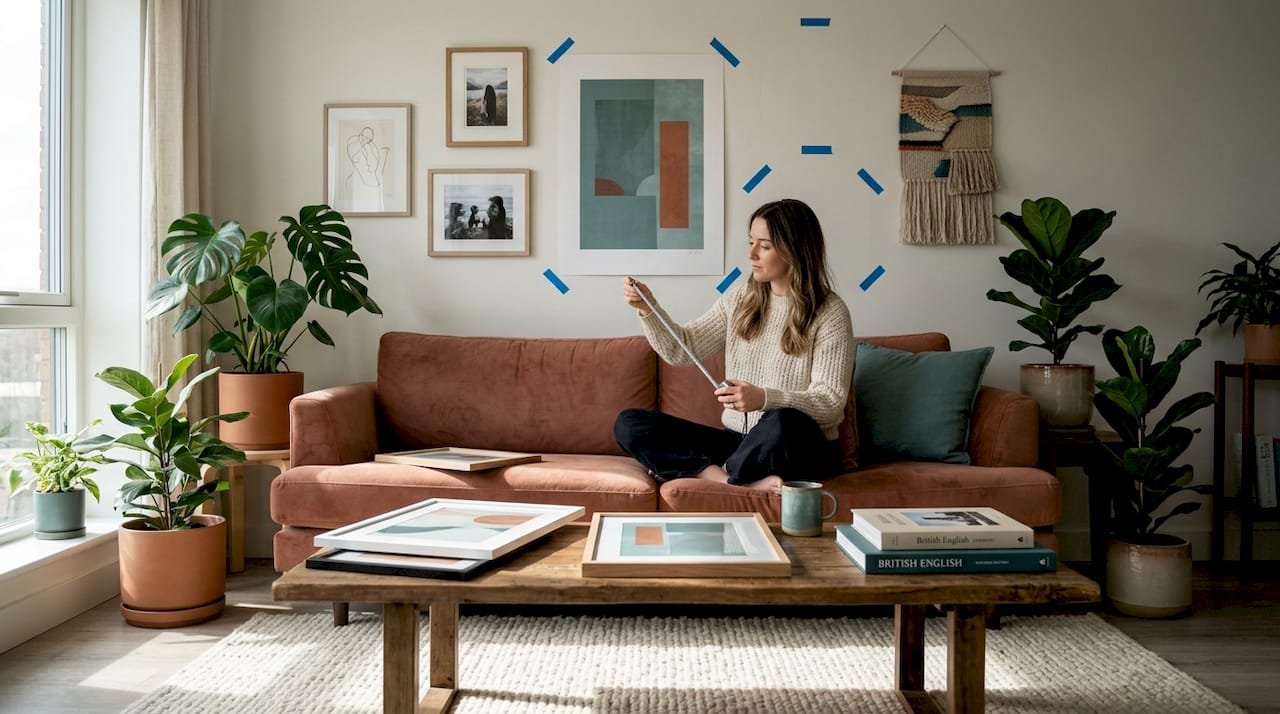 Woman evaluating wall art layout in apartment
