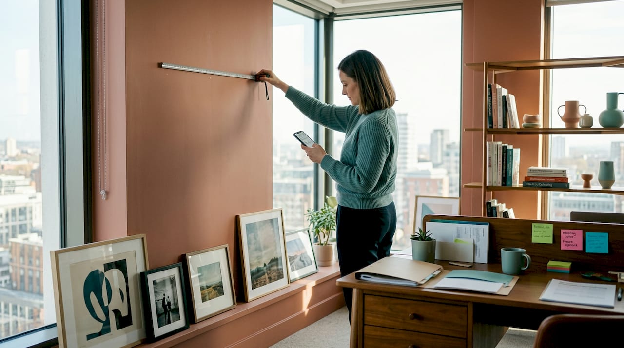 Manager measuring office wall for artwork