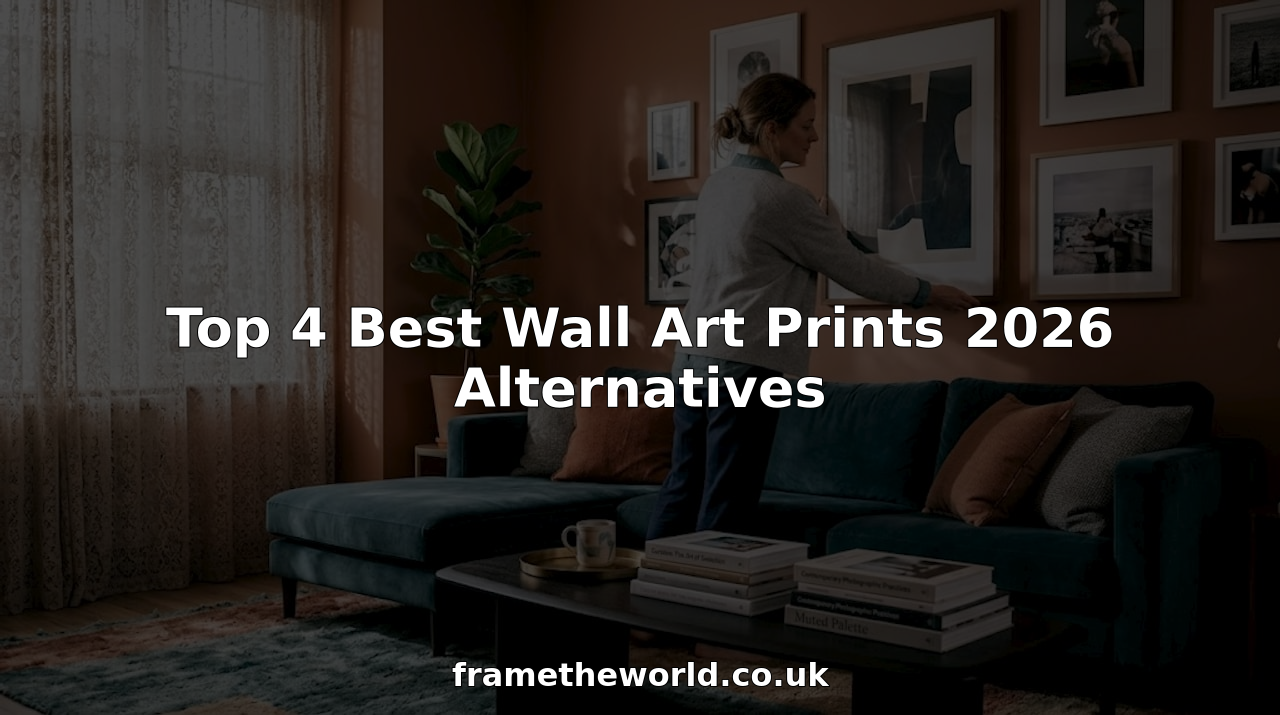 Woman arranging art prints on living room wall