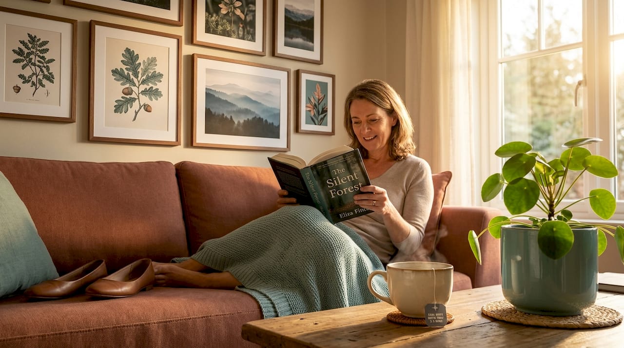 Woman reading in living room with framed prints