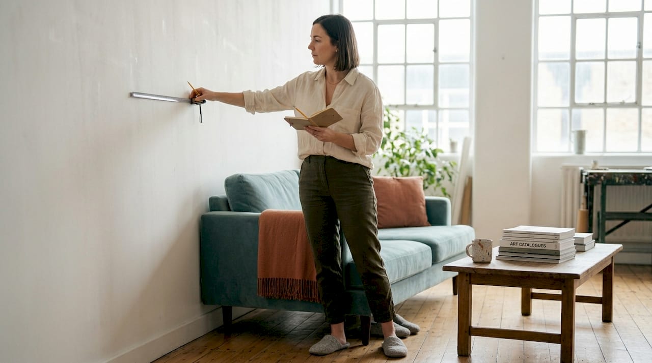 Woman measures art space above sofa