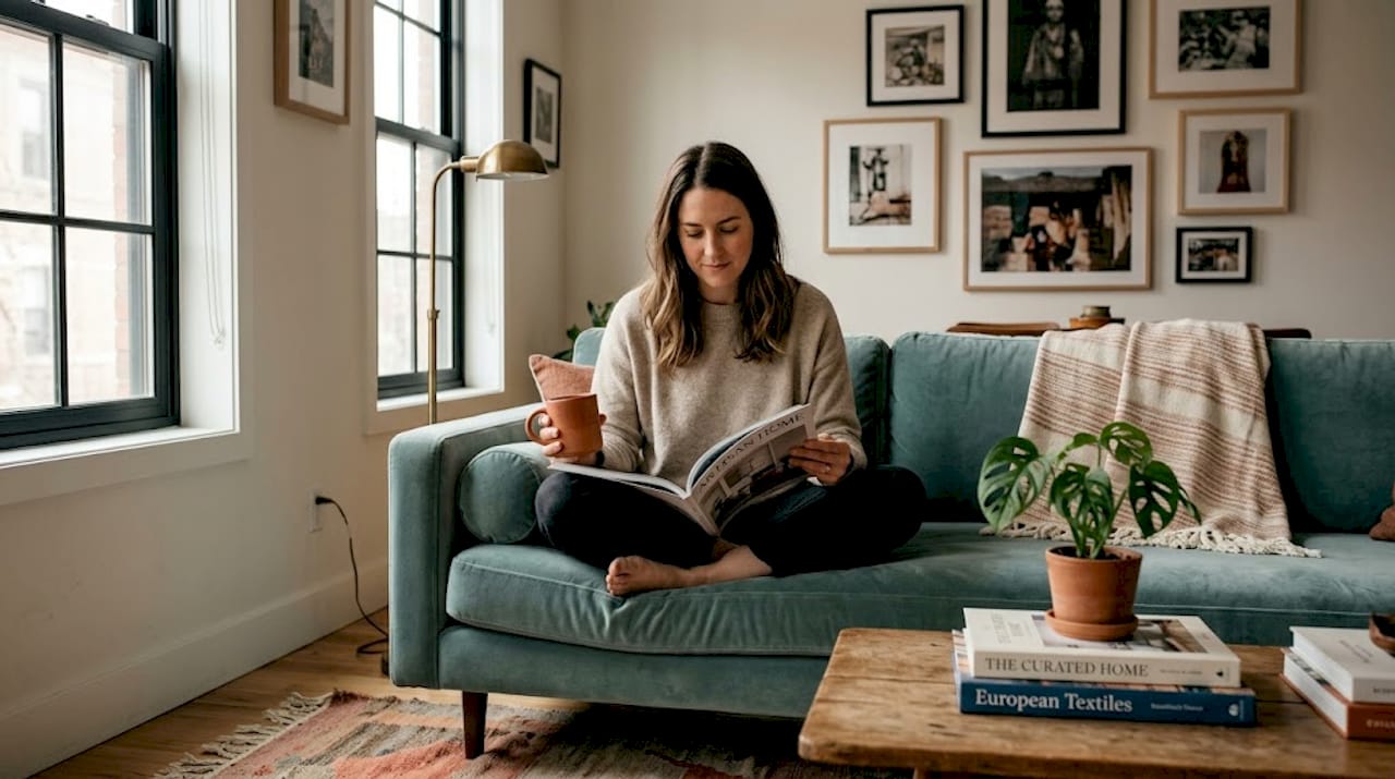 Woman reading in city living room refresh
