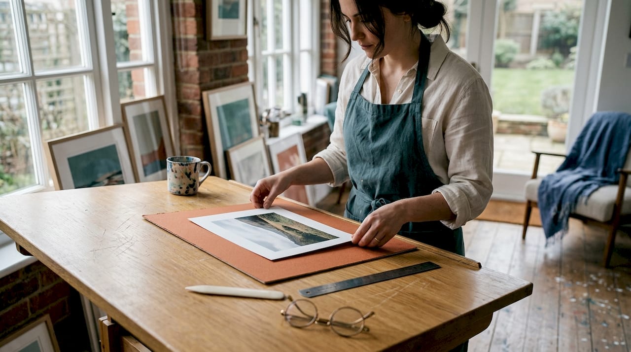 Artist aligning print and mat in studio