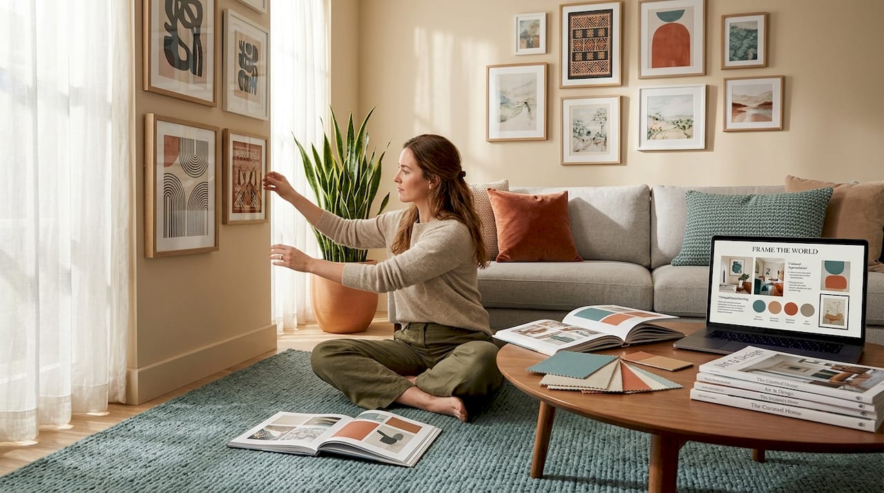 Designer customizing art arrangements in living room