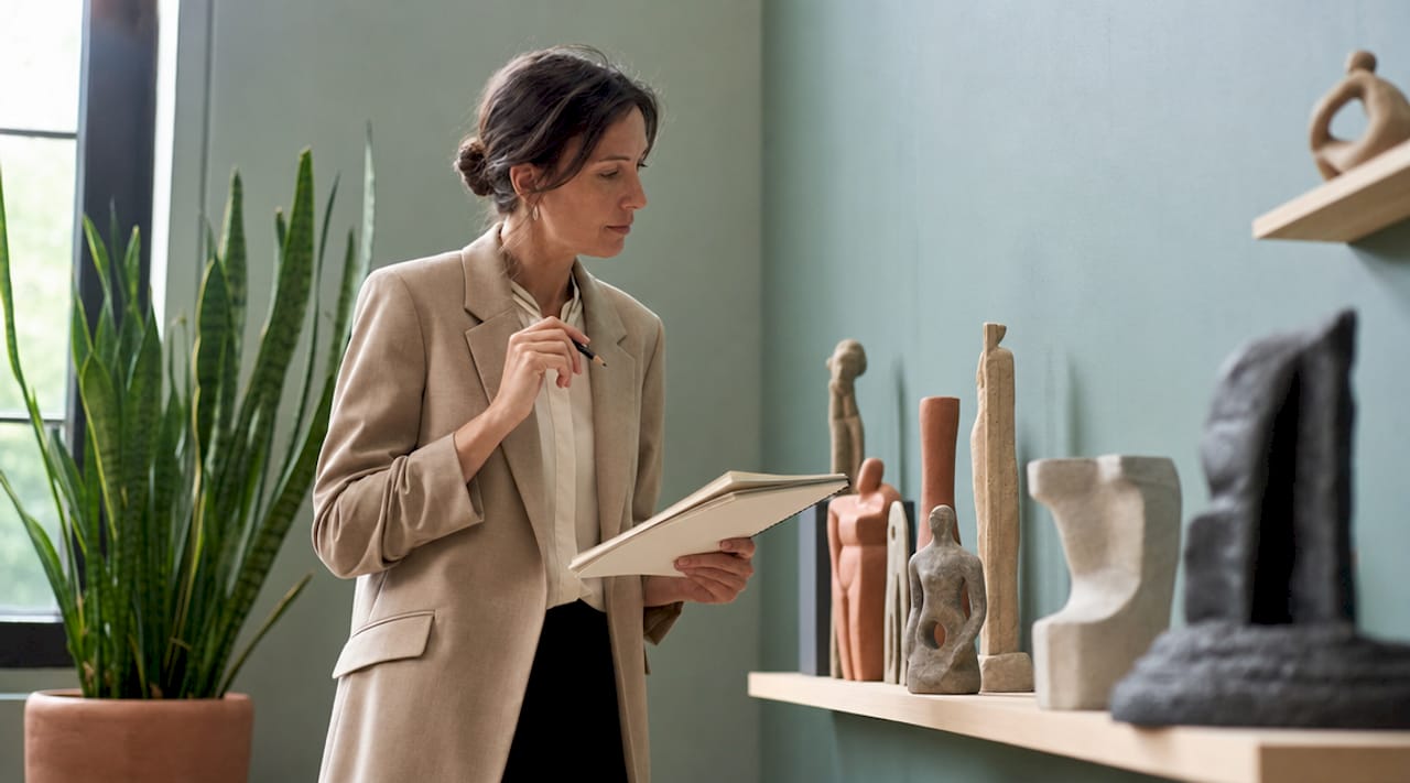 Art curator examining paintings in gallery