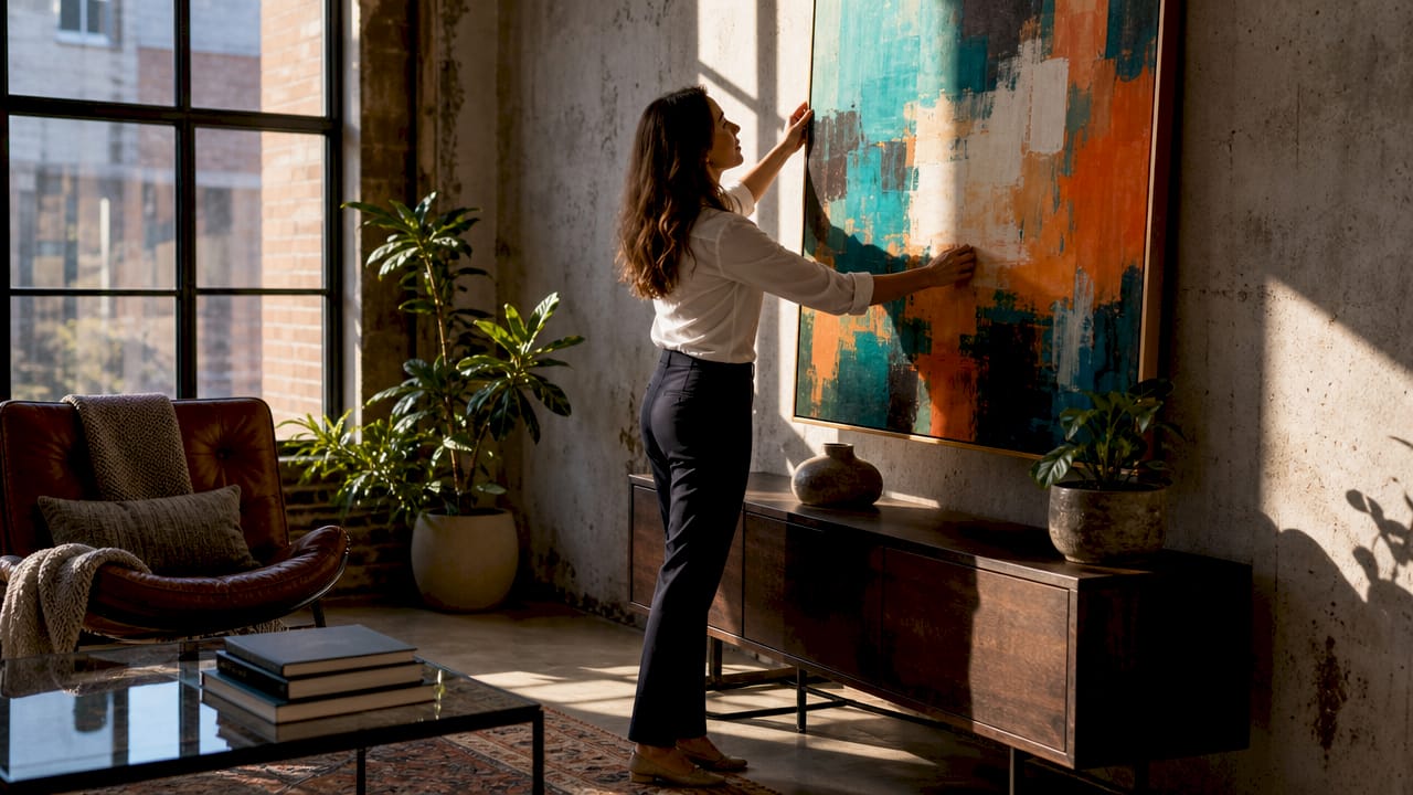 Real estate agent arranging artwork in living room