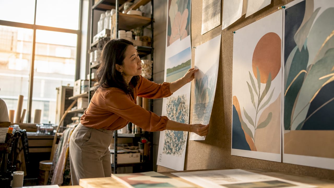 Designer reviewing art prints in studio