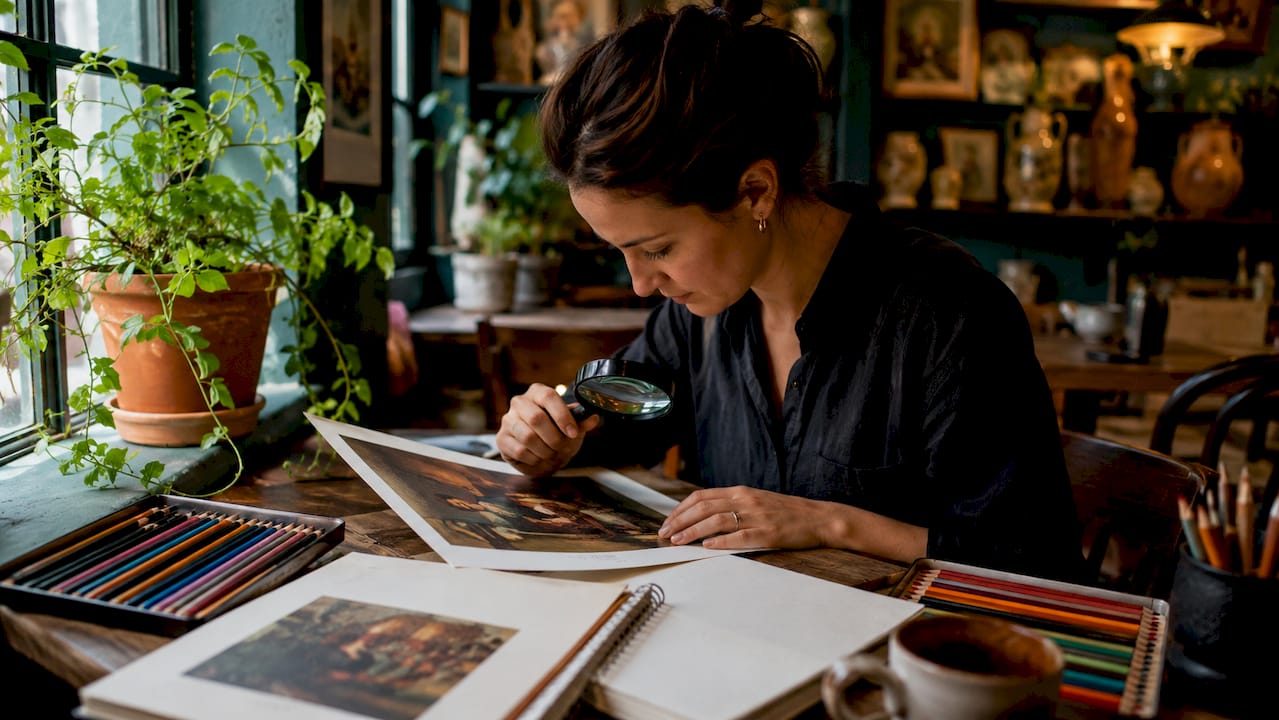 Artist examining artwork details in studio