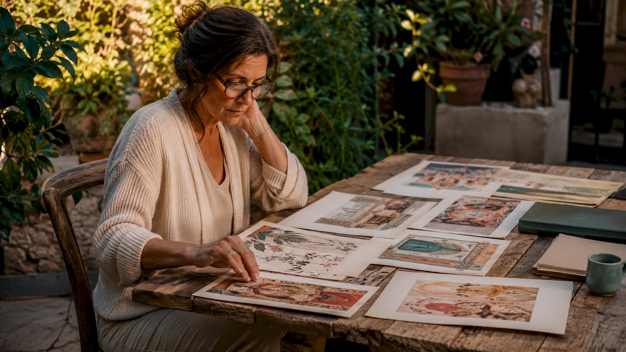 Woman reviewing bespoke art sketches at home