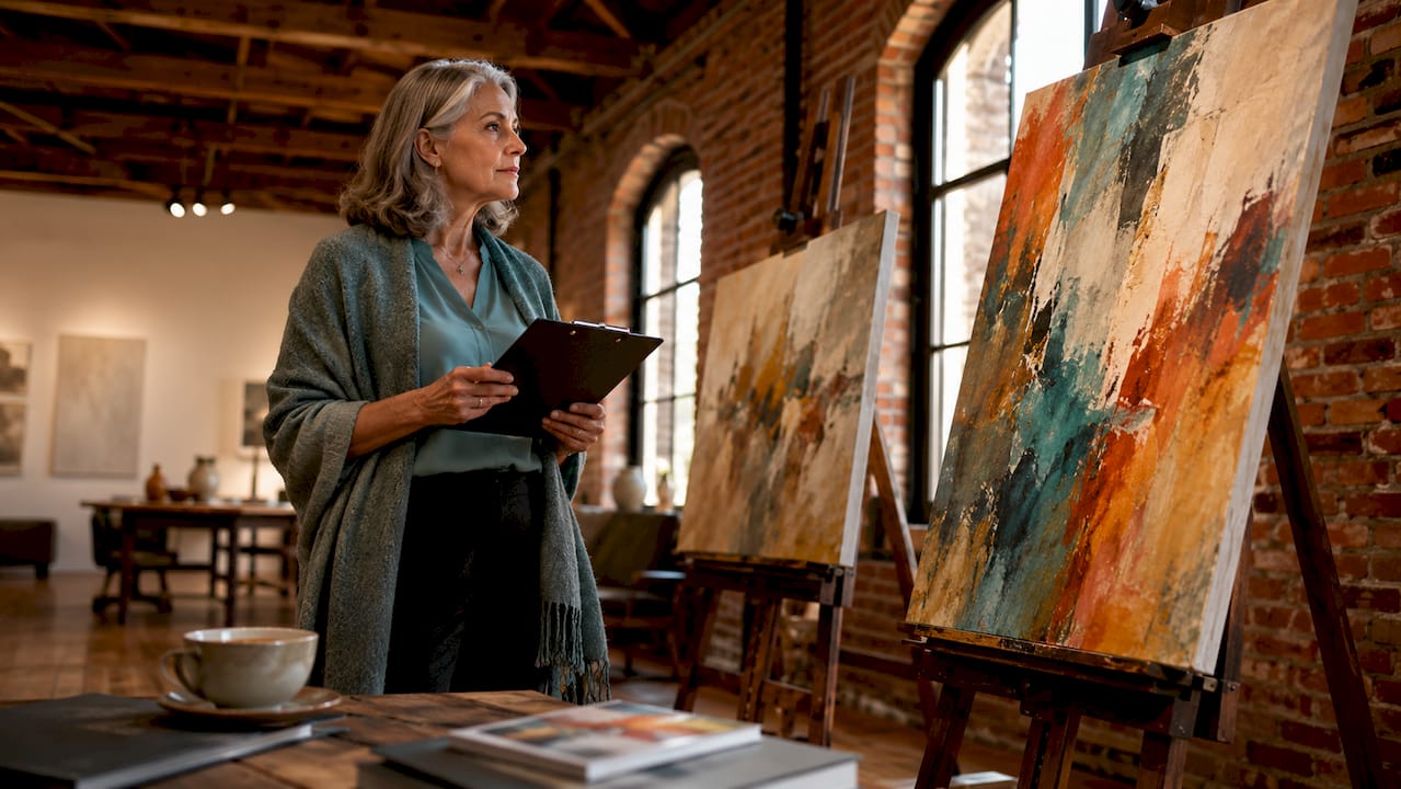 Art curator evaluating paintings in gallery